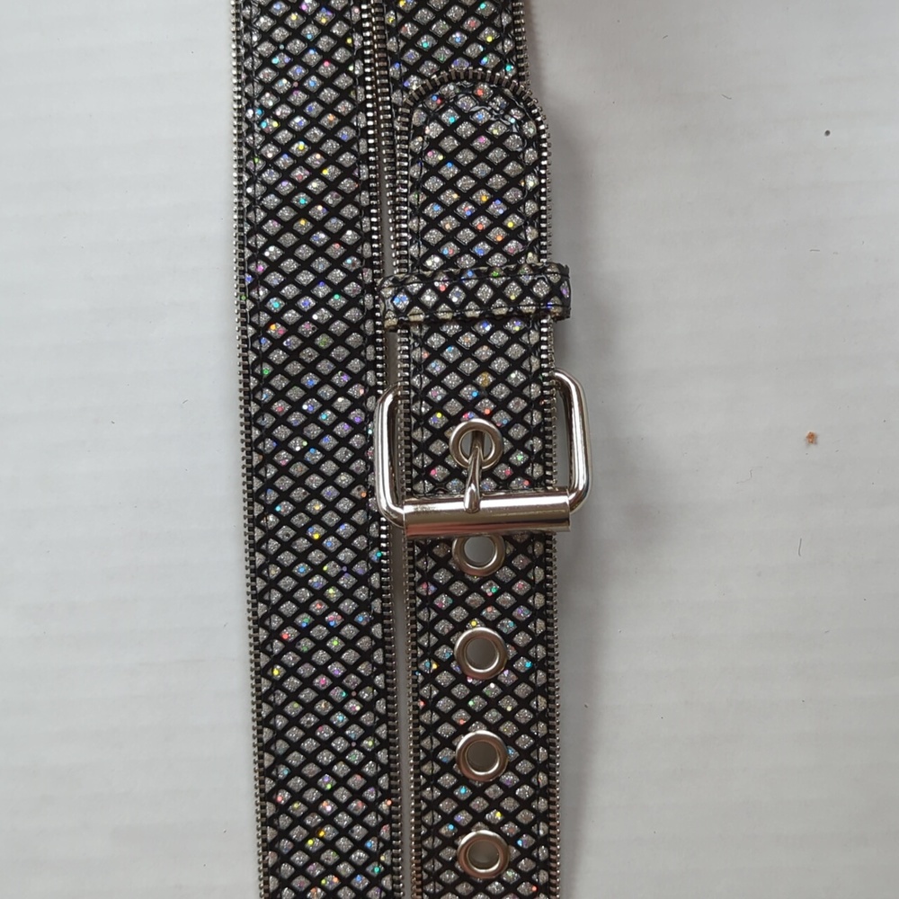 Zipper Edge Embellished Glitter Belt w/Buckle SMALL Black Silver